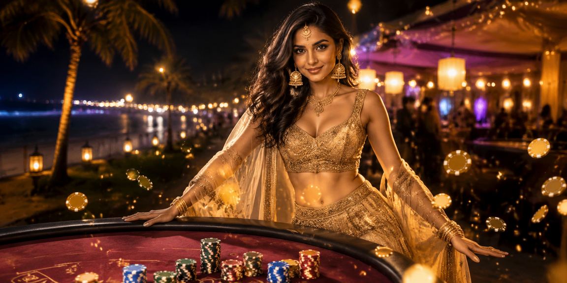 Mobile Teen Patti gameplay showcased with traditional lehenga outfit in Goa setting