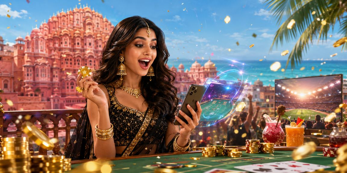 Elegant casino scene in Jaipur showing baccarat and Indian player